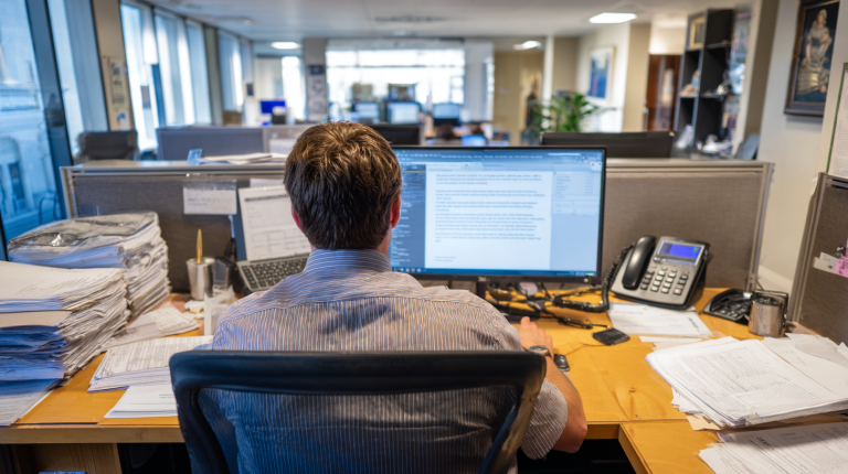 Personne consultant la messagerie sécurisée des impôts sur un ordinateur, entourée de documents fiscaux dans un bureau.