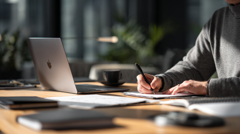 Consultant préparant un dossier de compétences avec documents professionnels
