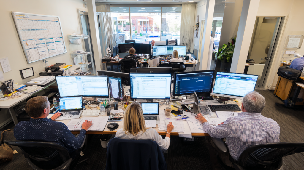 Professionnels dans un bureau moderne analysant des factures et des options de paiement en plusieurs fois.