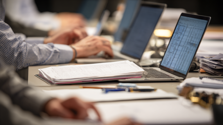Comptables analysant des documents d’investissement avec des calculs HT et TTC dans un bureau moderne.