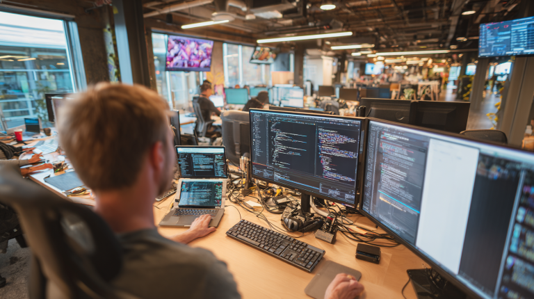 Développeur web travaillant sur plusieurs écrans affichant du code, dans un espace de travail moderne avec une équipe en arrière-plan.