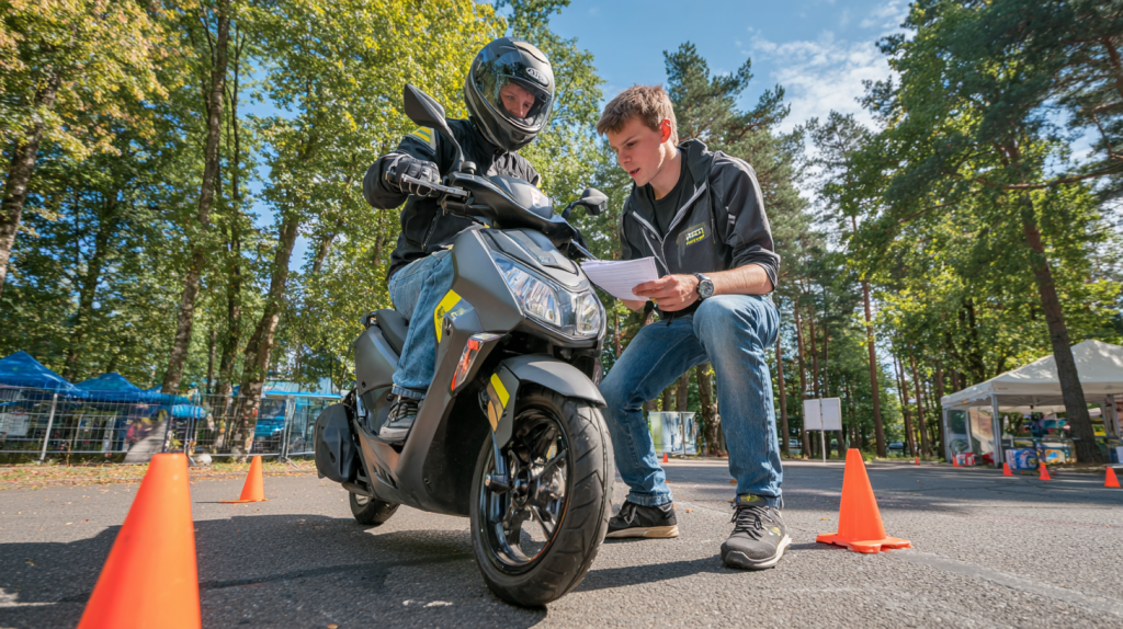 Jeune conducteur en formation pour le permis AM, recevant les consignes d’un formateur près d’un cyclomoteur et de panneaux de signalisation.