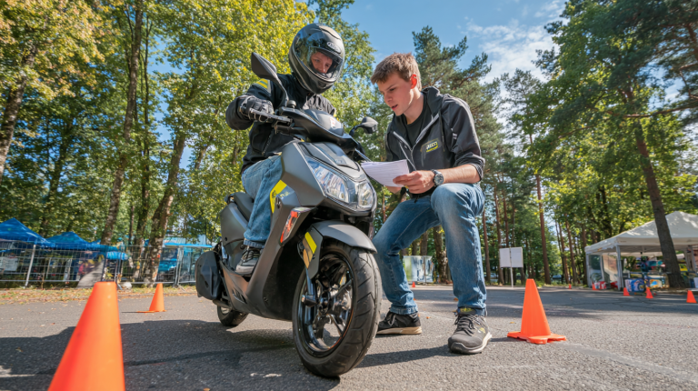 Jeune conducteur en formation pour le permis AM, recevant les consignes d’un formateur près d’un cyclomoteur et de panneaux de signalisation.