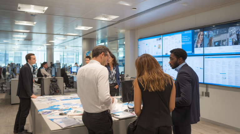 Groupe de professionnels analysant des documents liés à un CDI, à l’inscription Pôle Emploi et aux allocations chômage dans un bureau moderne.