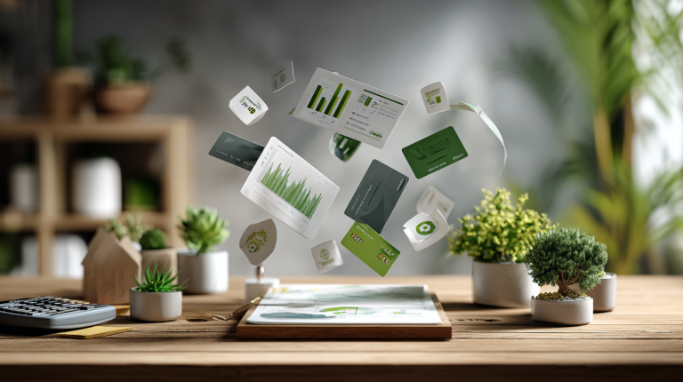 Cartes de dépenses d’entreprise sur un bureau avec plantes et icônes écologiques, illustrant les pratiques commerciales durables.