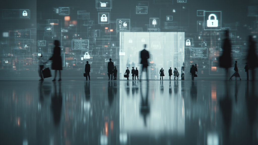 Illustration conceptuelle d’employés sans visage entourés d’icônes de données et de symboles de sécurité, représentant la confidentialité d’une entreprise anonymisée.