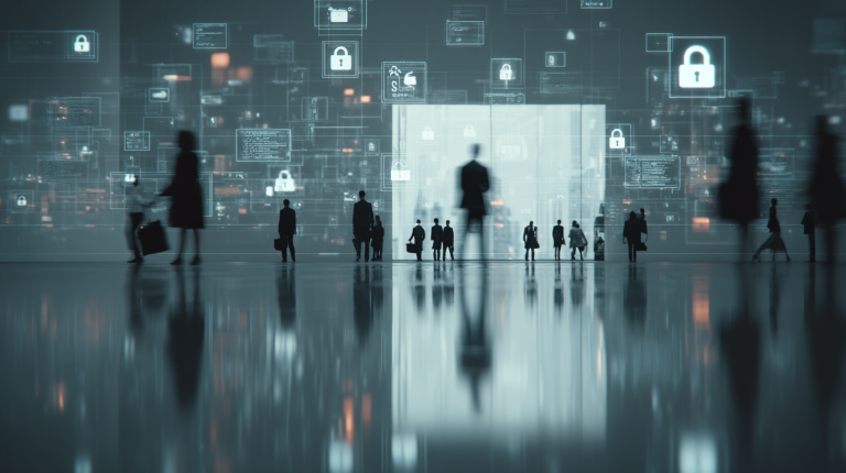 Illustration conceptuelle d’employés sans visage entourés d’icônes de données et de symboles de sécurité, représentant la confidentialité d’une entreprise anonymisée.