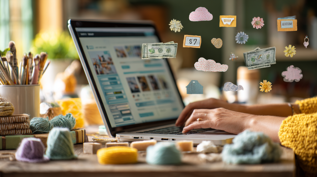 Espace de travail lumineux avec artisanat, ordinateur affichant un tableau de bord Etsy, factures et icônes de paiement flottantes, représentant la gestion simplifiée d’une boutique.