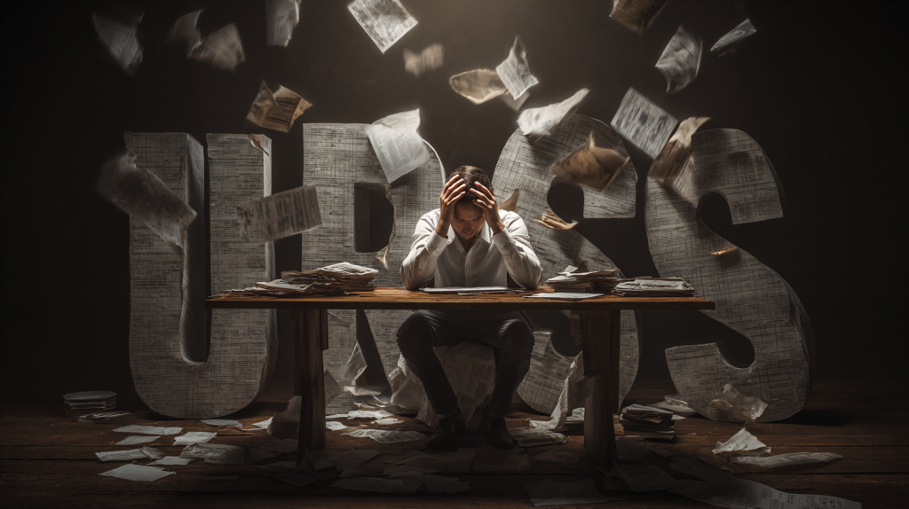 Propriétaire d’entreprise stressé entouré de lettres URSSAF et factures, avec des documents flottants symbolisant des solutions pour gérer une grosse dette.