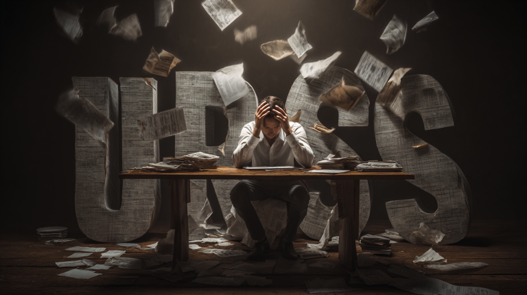 Propriétaire d’entreprise stressé entouré de lettres URSSAF et factures, avec des documents flottants symbolisant des solutions pour gérer une grosse dette.
