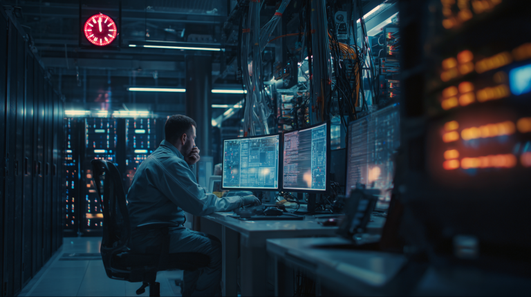 Technicien informatique dans une salle serveur la nuit, surveillant les systèmes avec alertes flottantes, illustrant les heures non ouvrées et les astreintes.