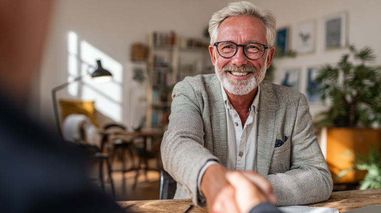 Entrepreneur recevant un client chez lui dans un cadre professionnel