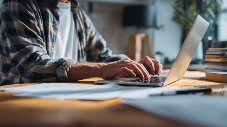 Auto-entrepreneur travaillant sur un contrat de sous-traitance dans un bureau à domicile