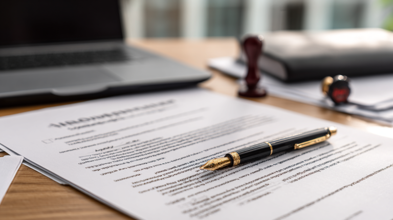 Attestation employeur pour président de société posée sur un bureau professionnel avec tampon et stylo.
