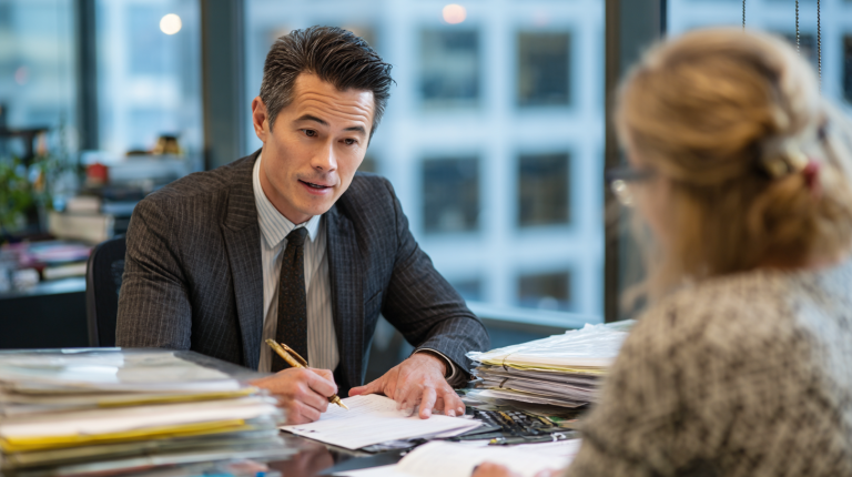Avocat fiscaliste en cabinet avec un client, analysant des documents fiscaux, illustrant les honoraires et tarifs en France.