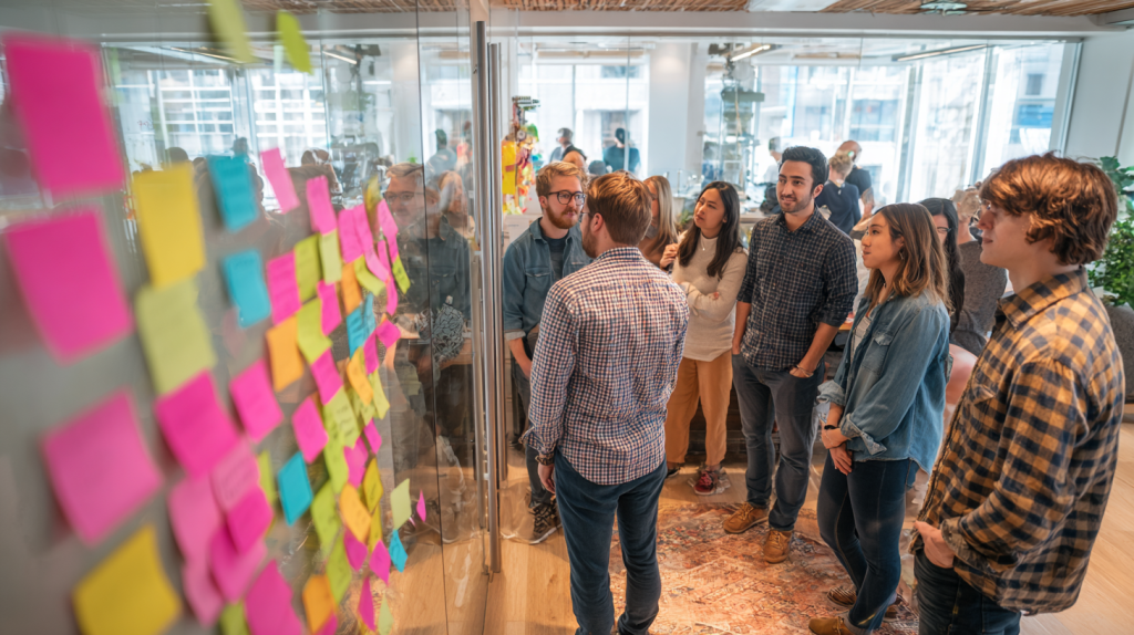Équipe en entreprise utilisant une boîte à idées pour stimuler la créativité et l’innovation