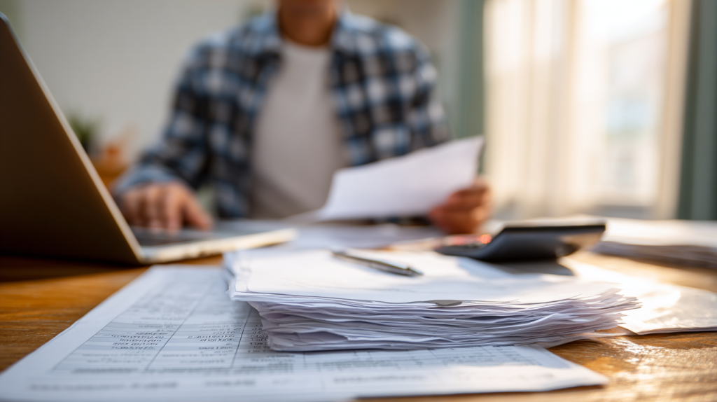 Personne comparant des documents d’allocations chômage et calculs