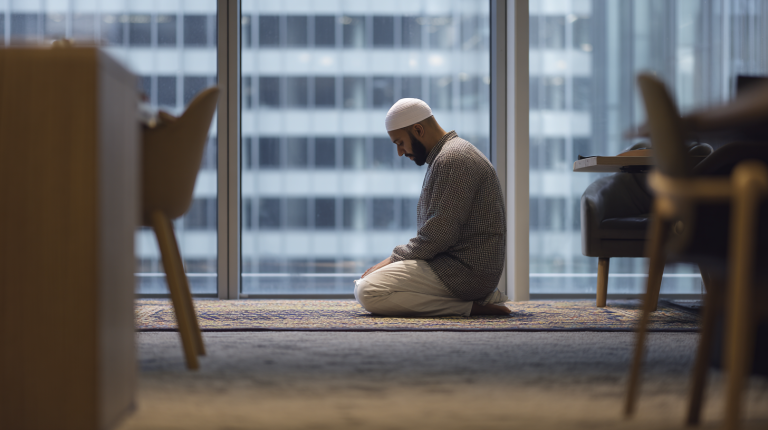 Homme musulman priant discrètement dans un bureau moderne pendant sa pause au travail