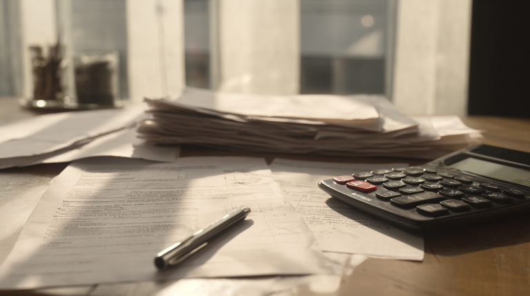 Documents de paie et contrat de travail sur un bureau, illustration du calcul de la prime de participation et des droits du salarié