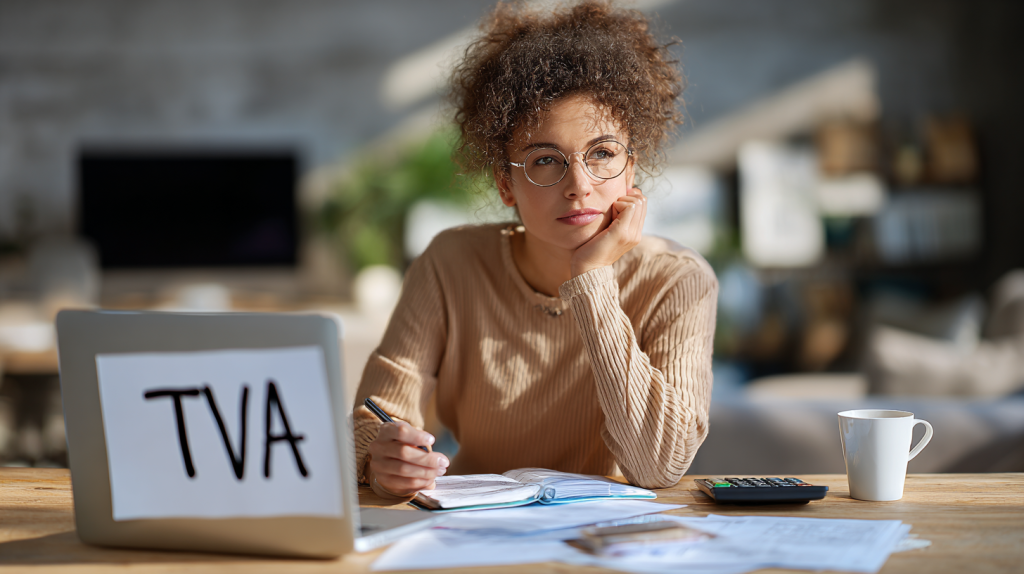 Auto-entrepreneur devant des factures et documents de TVA, l’air perdu dans un bureau lumineux.