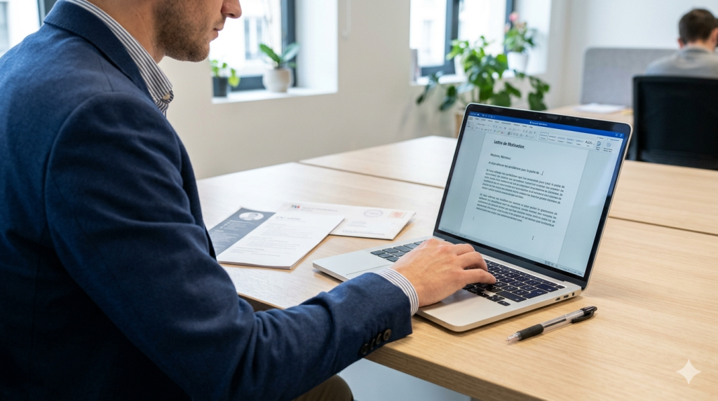 Personne rédigeant une lettre de motivation pour renouveler un contrat sur un ordinateur dans un cadre professionnel
